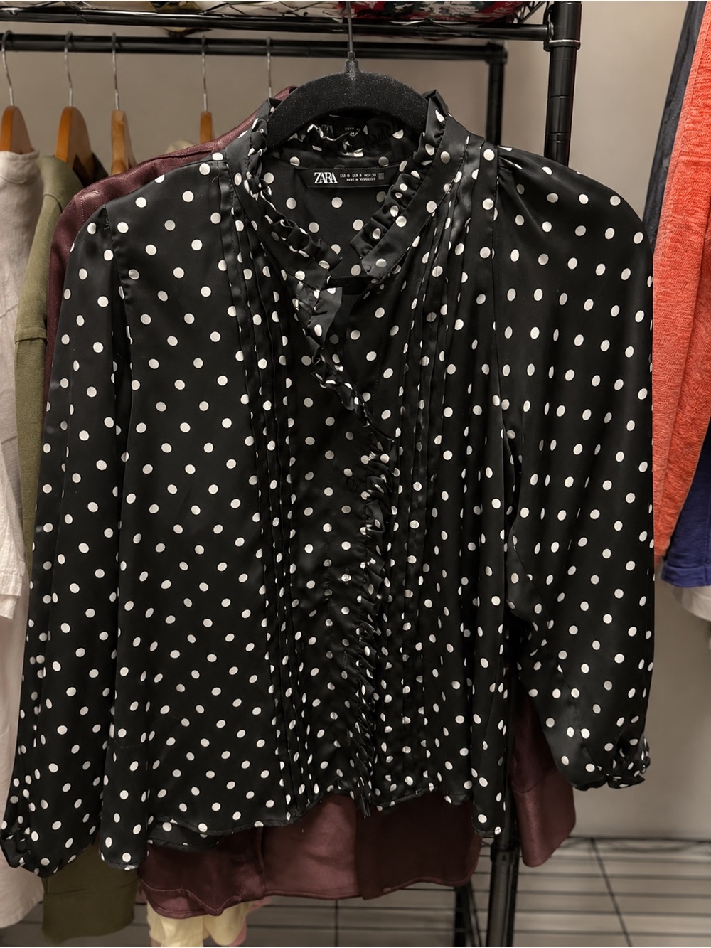 Zara Black and White Polka Dot Ruffle-Front Shirt